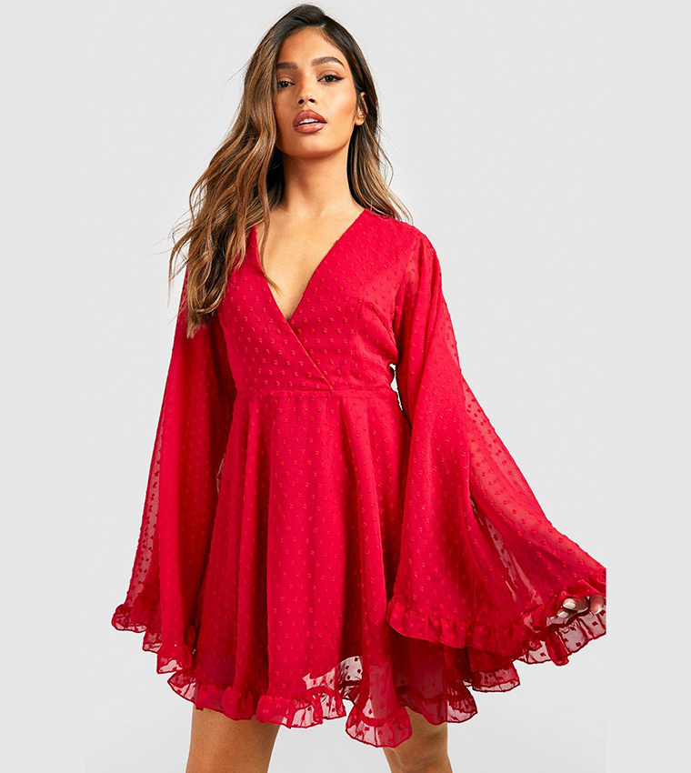 Buy Boohoo Dobby Chiffon Wide Sleeves Skater Dress In Red 6thstreet