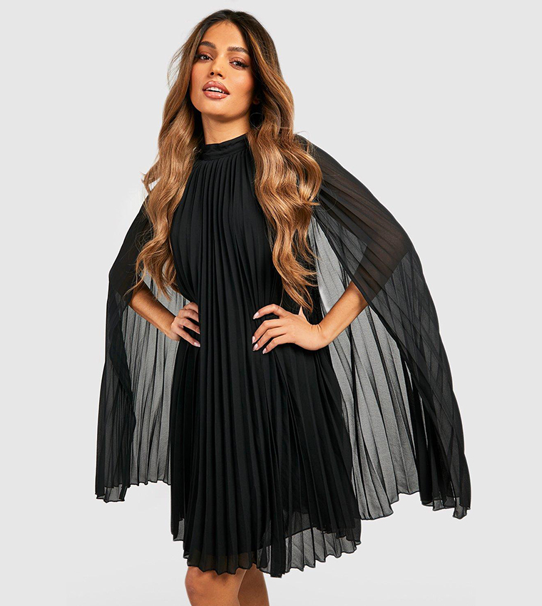 strapless open back dress BLACK TROPICAL PRINTED PLEATED CAPE main image 0