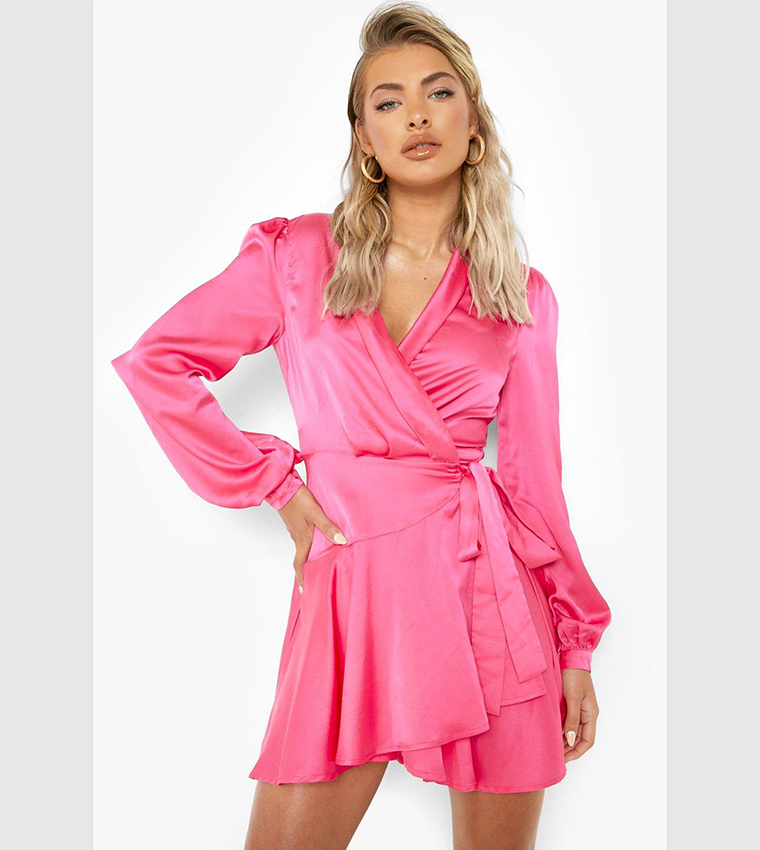 Buy Boohoo Satin Wrap Mini Skater Dress In Pink | 6thstreet Qatar