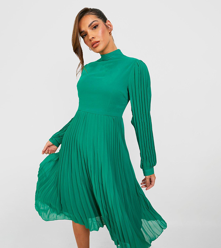 green midi skater dress M&S Cotton Blend Striped Midi Skater Dress - Green Mix