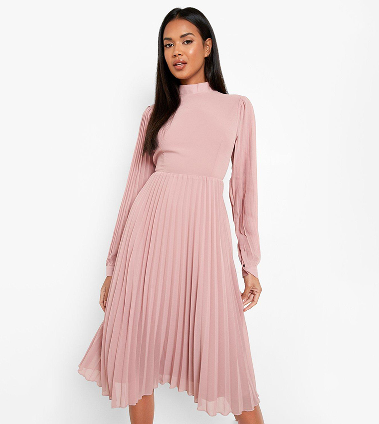 boohoo pink pleated dress Buy Boohoo Pleated High Neck Midi Skater Dress In Pink