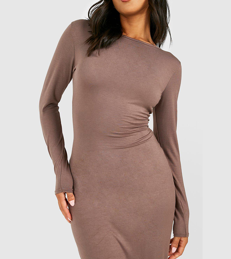 Long Sleeves Maxi Dress with Draped Waist Detail - Light Brown main image 1