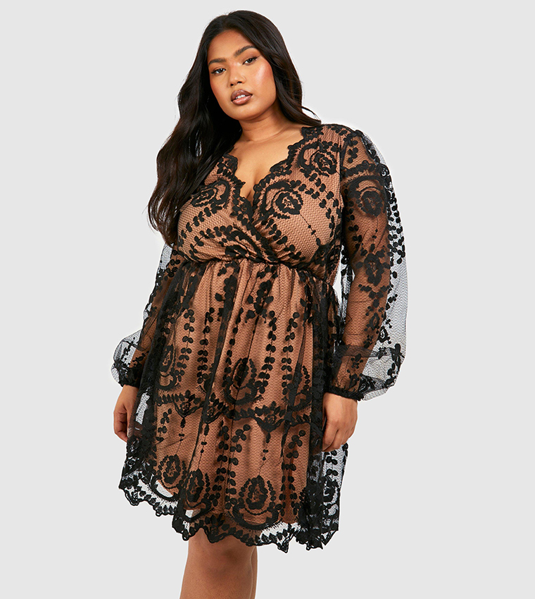 Lace Plunge Skater Dress