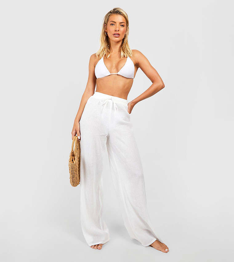 Buy Boohoo Textured Linen Look Tassel Wide Leg Beach Trousers In White |  6thStreet UAE
