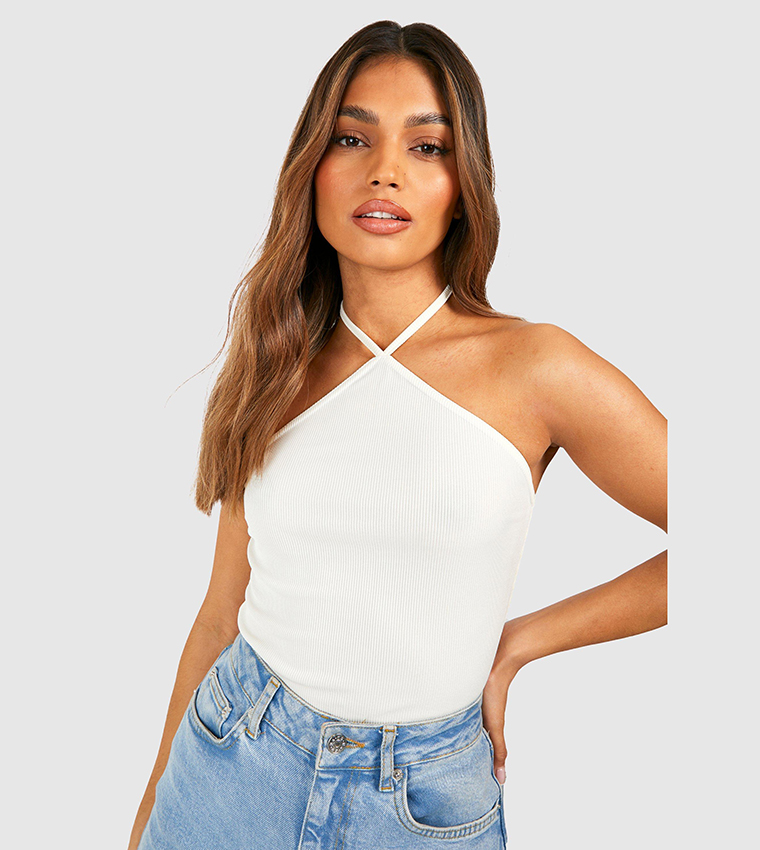 Buy Boohoo Rib Halter Neck Bodysuit In White