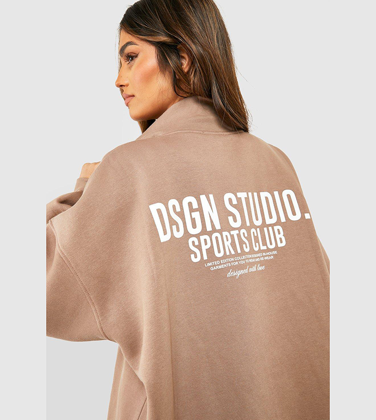 Buy Boohoo Design Studio Sports Club Slogan Half Zip Sweatshirt In Beige