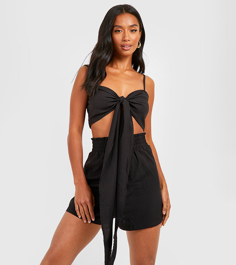 Buy Boohoo Tie Front Bralette And Short Co Ord Set In Black