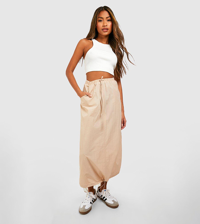 Buy Boohoo Drawstring Parachute Maxi Skirt In Beige 6thStreet