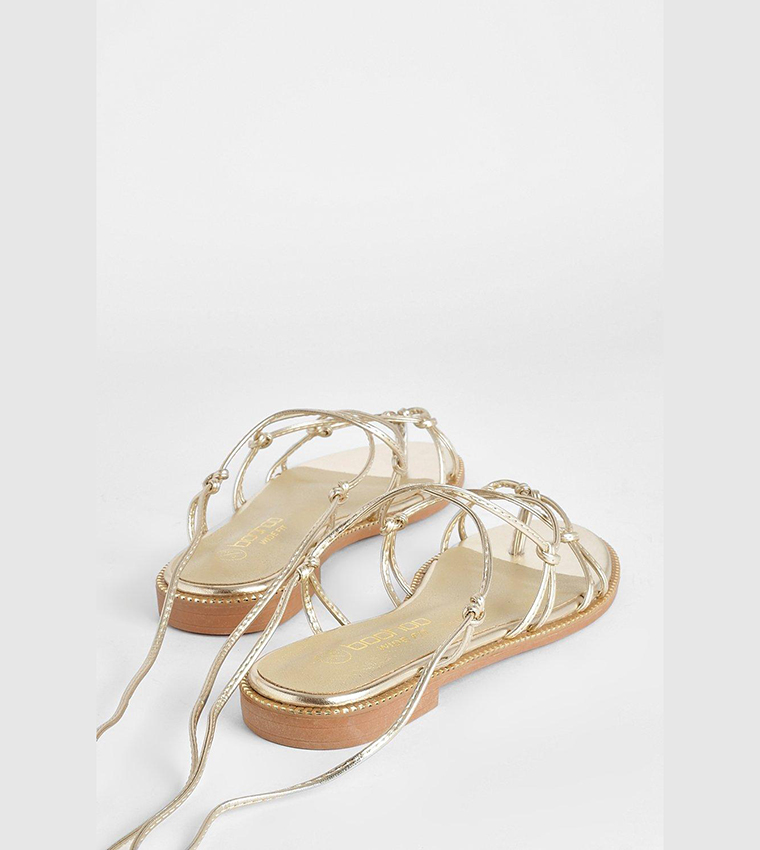 Buy Boohoo Wide Fit Caged Detail Tie Up Flat Sandals In Gold
