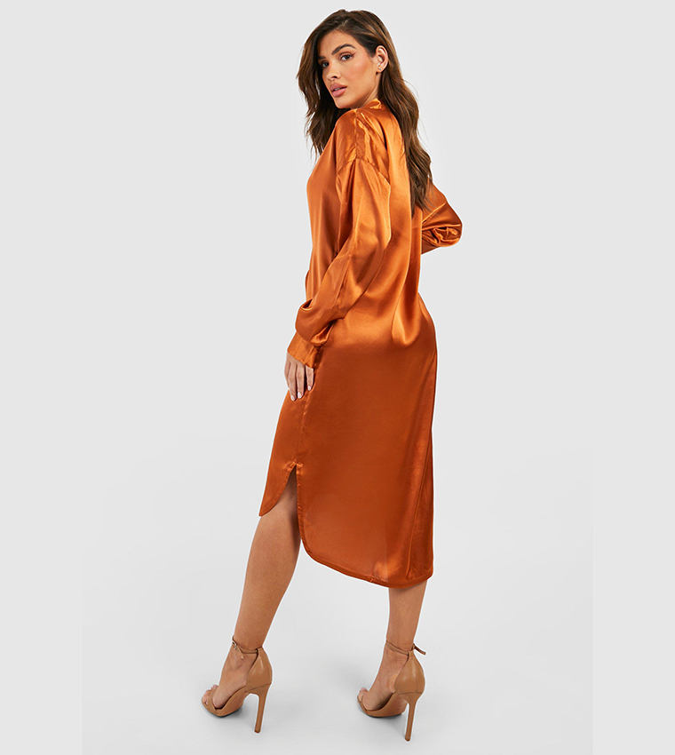 Buy Boohoo Satin Midi Shirt Dress In Orange 6thStreet UAE
