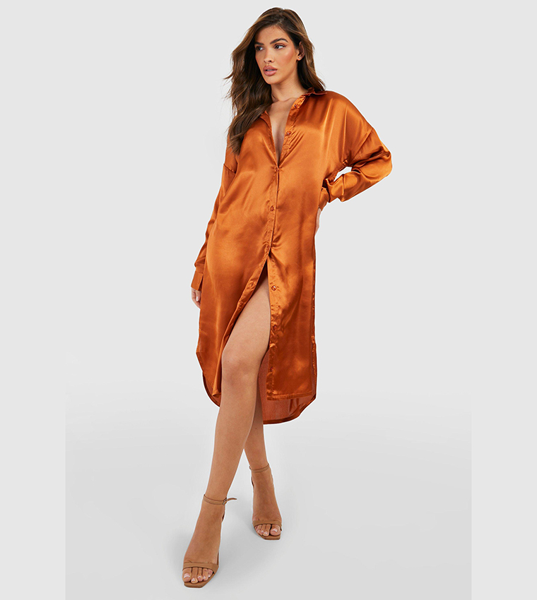 Orange satin 2025 shirt dress