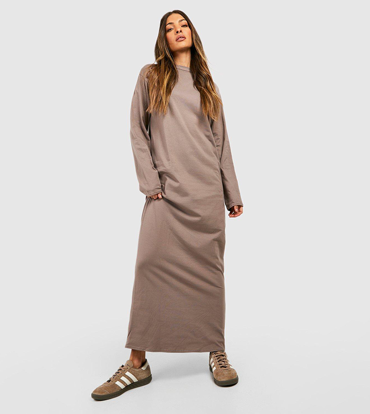 Buy Boohoo Cotton Blend Long Sleeves Maxi T Shirt Dress In Beige 6thStreet Kuwait