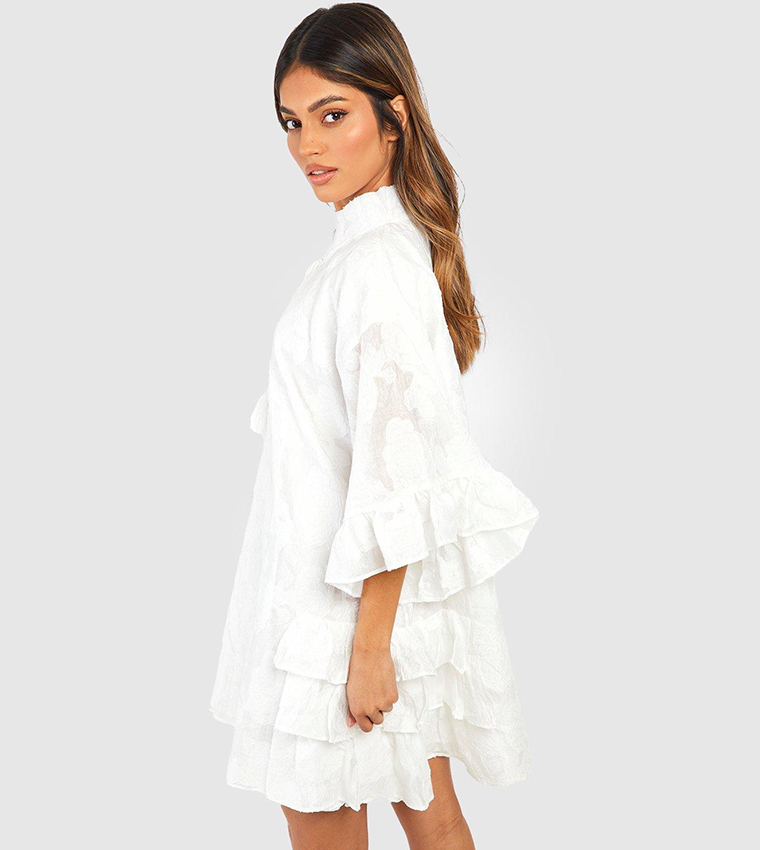 Textured Woven Ruffle Smock Dress