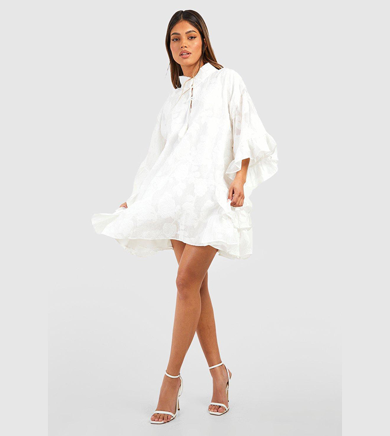Textured Woven Ruffle Smock Dress