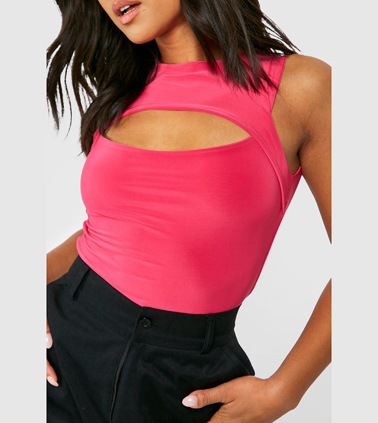 Buy Boohoo Racer Neck Keyhole Bodysuit In Pink