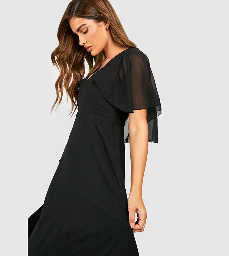 Buy Boohoo Chiffon Cape Sleeves Maxi Bridesmaid Dress In Black ...