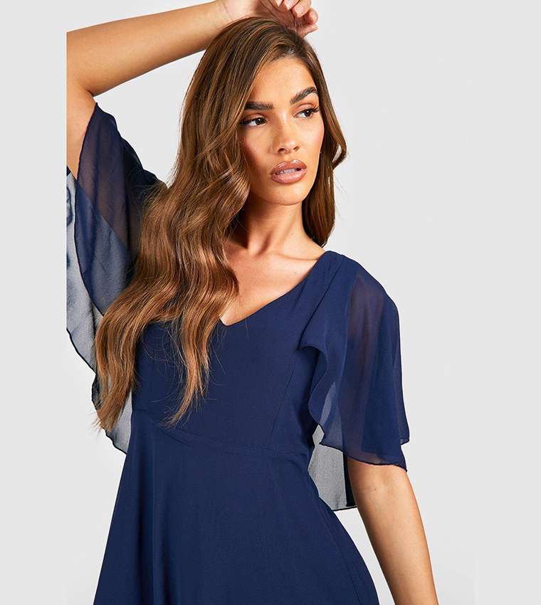Buy Boohoo Chiffon Cape Sleeves Maxi Bridesmaid Dress In Navy ...