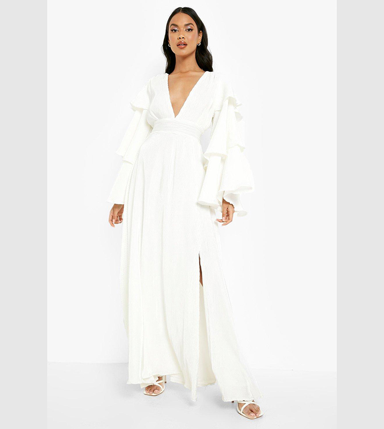 boohoo layered ruffle sleeve maxi dress Oasis Women's Petite Long Sleeve Ruffle Chiffon Tiered Maxi Dress in Blue | Size: 4