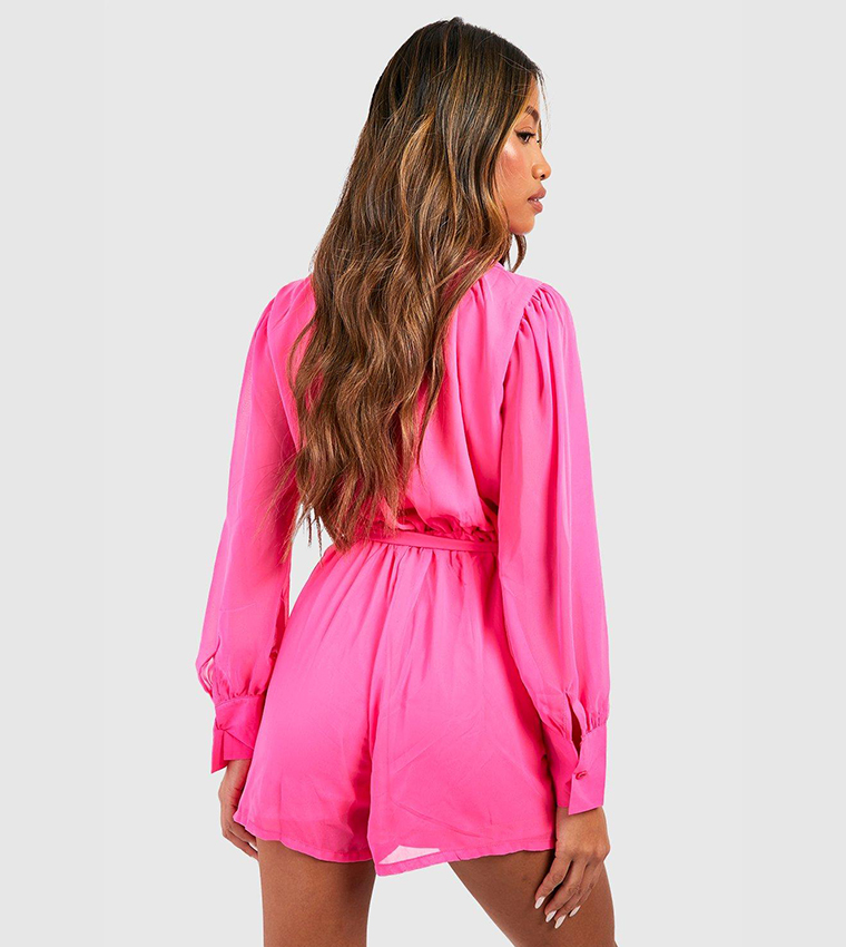 Buy Boohoo Frill Detail Belted Playsuit In Pink