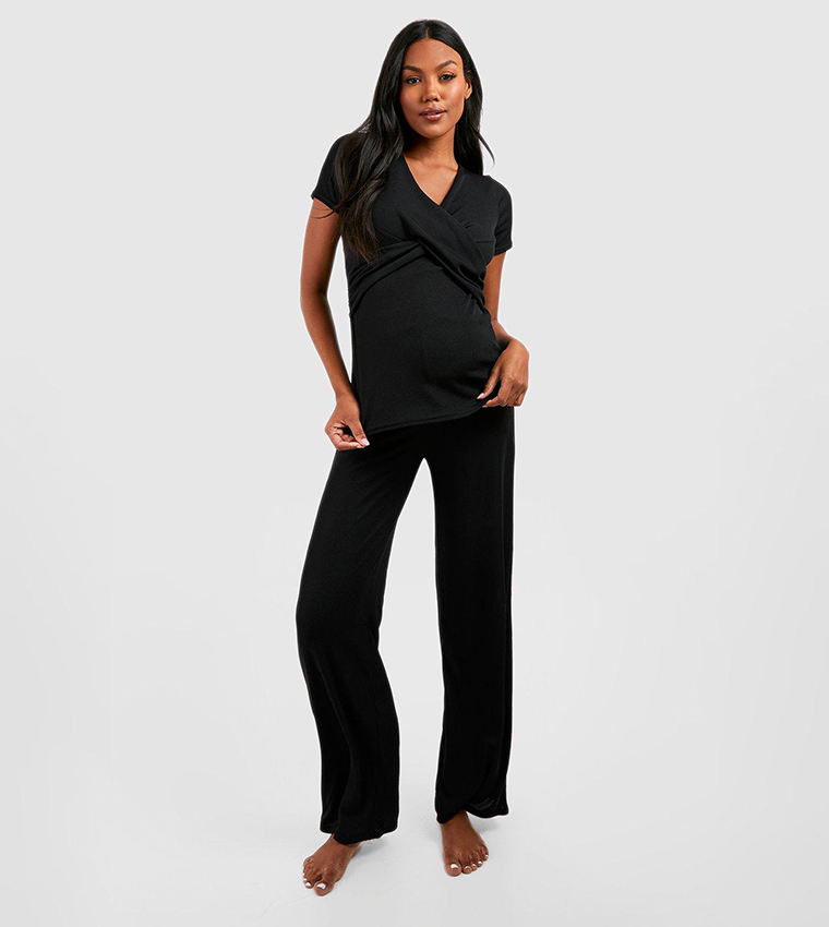 Buy Boohoo Ribbed Wrap Nursing Pyjama Trouser Set In Black 6thStreet Bahrain