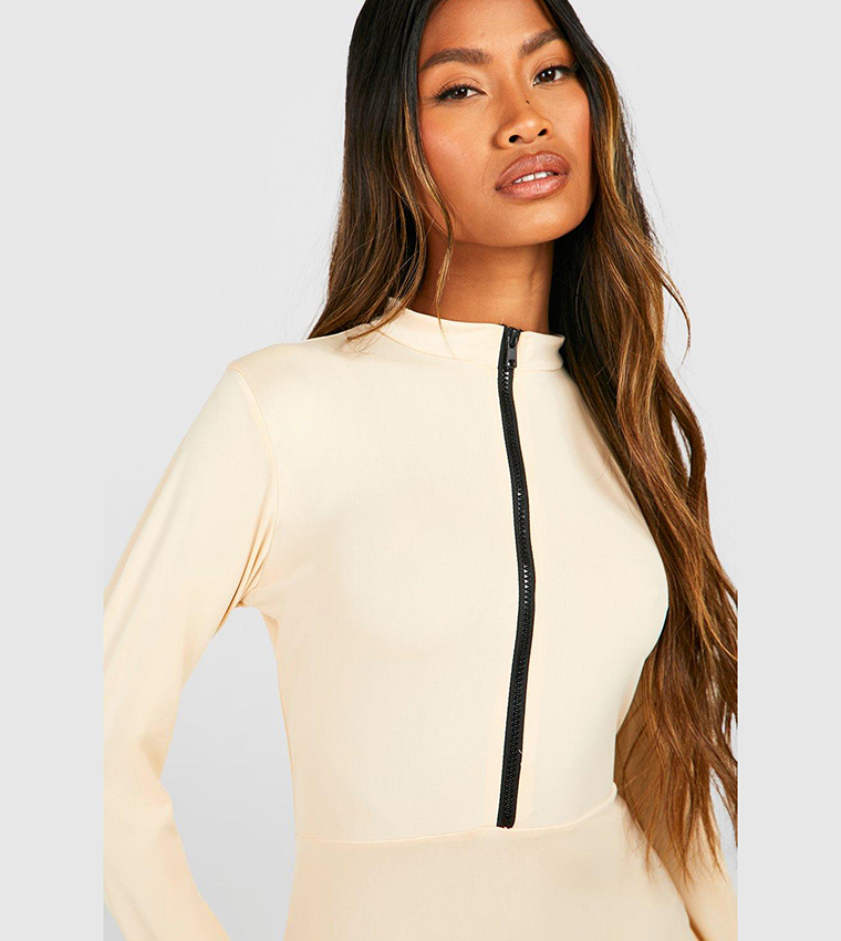 Buy Boohoo Premium Sculpt Half Zip Unitard In Beige | 6thStreet Kuwait