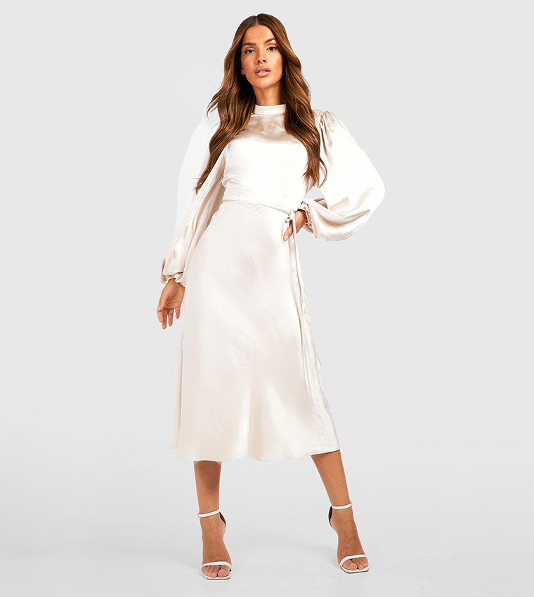 Satin High Neck Balloon Sleeves Midi Dress