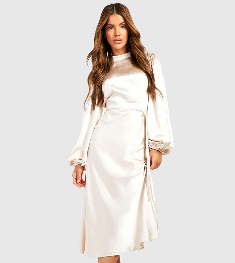 Satin High Neck Balloon Sleeves Midi Dress
