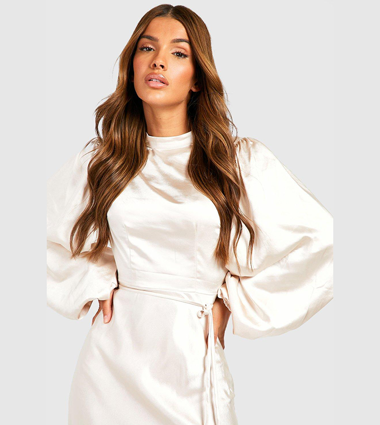Satin High Neck Balloon Sleeves Midi Dress