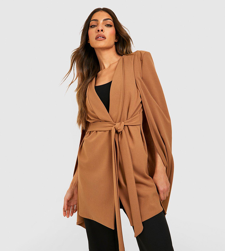 Tailored Blazer Blazer Cape Boohoo Buy Boohoo Longline Tailored Belted Cape  Blazer In Beige