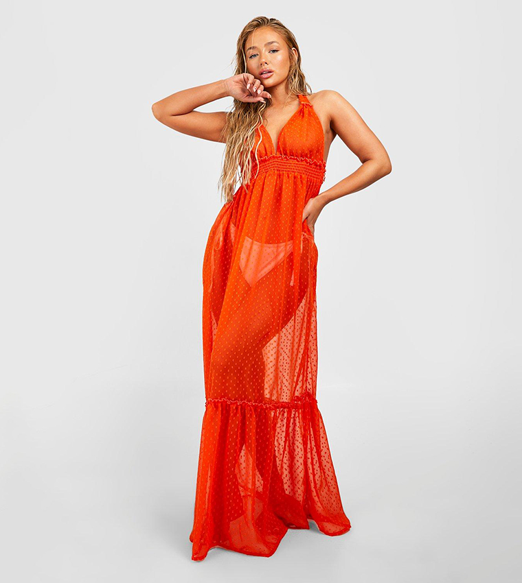 Buy Boohoo Dobby Chiffon Halterneck Tie Tiered Maxi Beach Dress In Orange |  6thStreet Kuwait