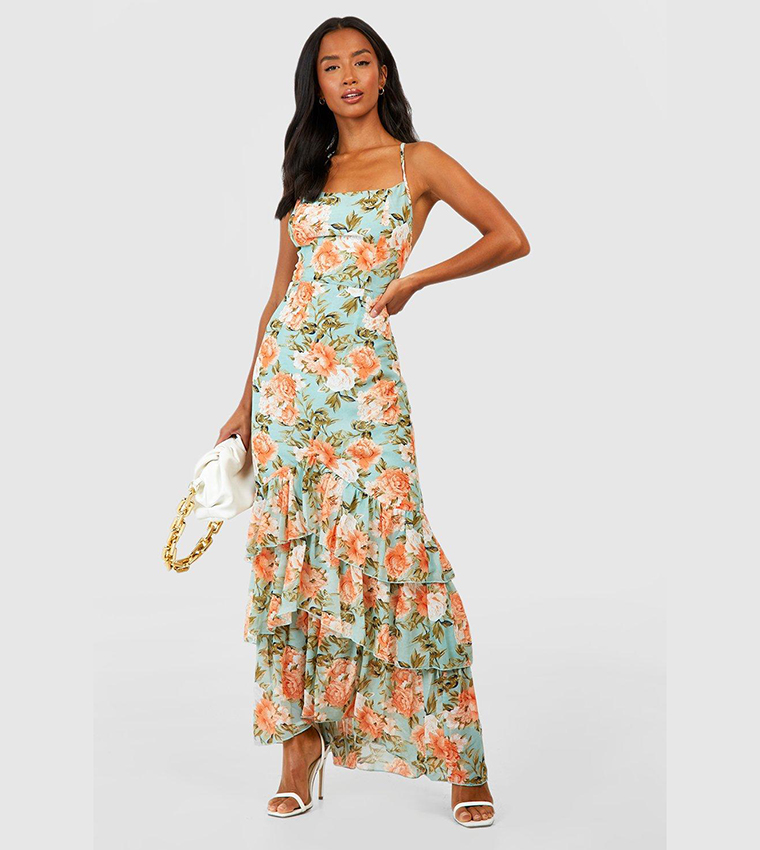Floral Strappy Frill Detail Maxi Dress