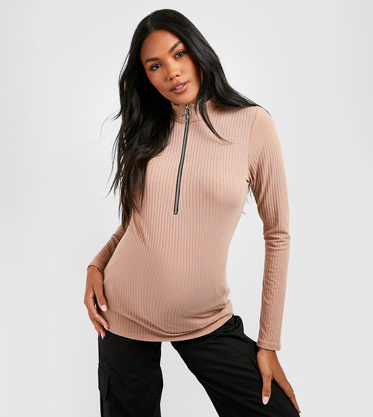 Buy Boohoo Maternity Long Sleeves Zip Front Knitted Ribbed Top In CHOCOLATE