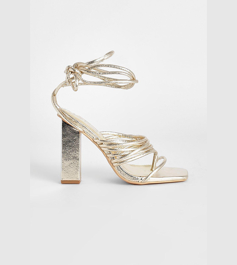 Buy Boohoo Wide Fit Multi Strap Block Heel Sandals Tie Up Sandals In Gold 6thStreet Bahrain