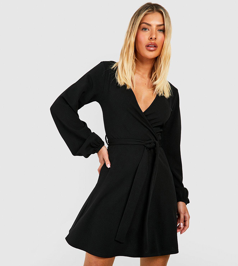 Buy Boohoo Blouson Sleeves Wrap Skater Dress In Black 6thStreet UAE