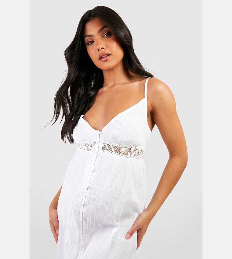 Buy Boohoo Maternity Cheesecloth Crochet Midi Dress In White