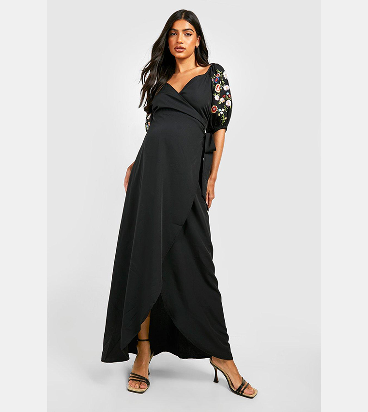 Buy Boohoo Maternity Floral Embroidered Wrap Maxi Dress In Black | 6thstreet Oman Buy Boohoo Maternity Floral Embroidered Wrap Maxi Dress In Black | 6thstreet Oman