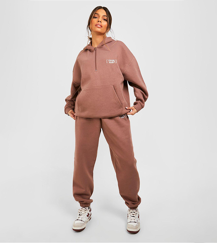 Buy Boohoo Embroidered Half Zip Hoodie Tracksuit Set In MOCHA 6thStreet Qatar