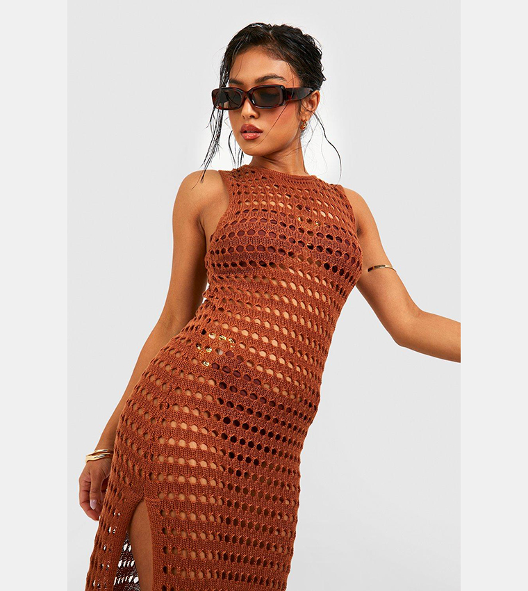 boohoo crochet maxi dress boohoo Women's Knitted Flower Detail Crochet Maxi Dress