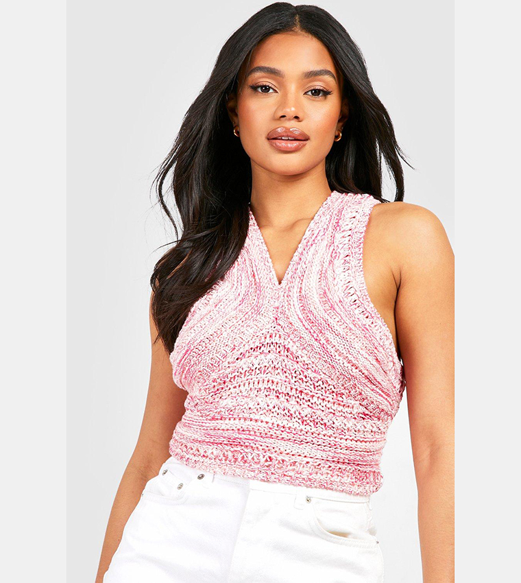 Pink Marl Halter Neck Crop Vest, Womens Tops