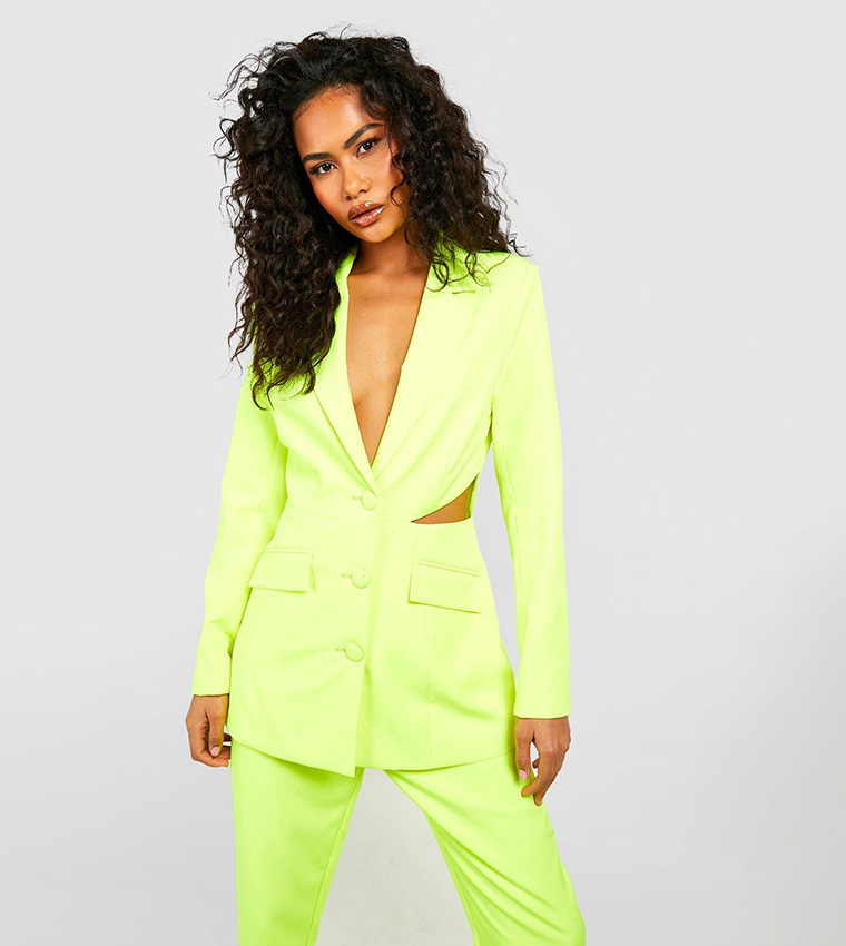 Buy Boohoo Neon Cut Work Tailored Long Line Blazer In Yellow 6thStreet Qatar