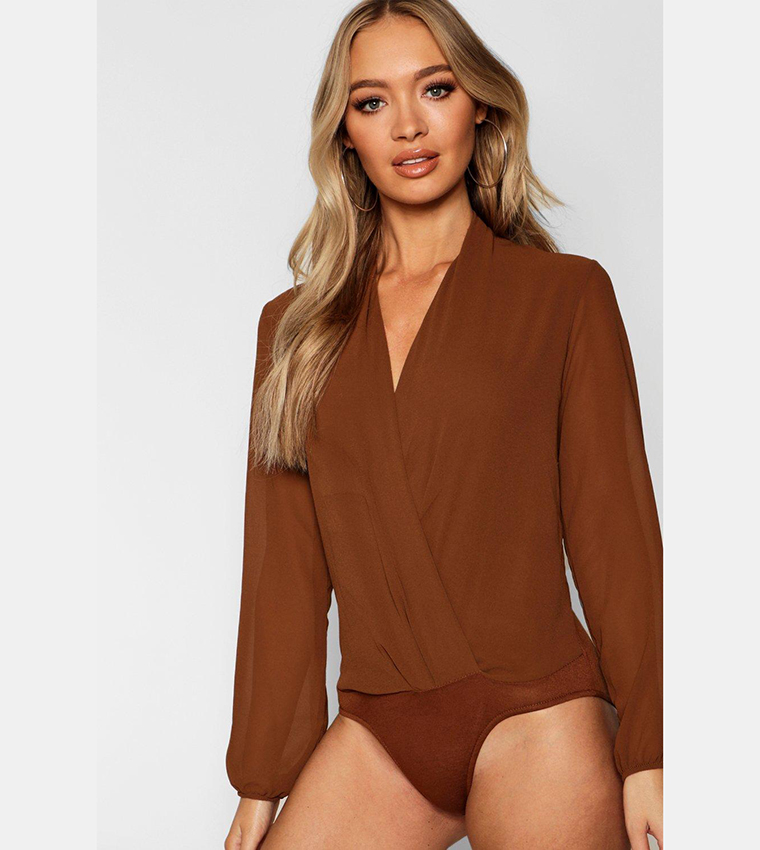 Buy Boohoo Drape Chiffon Long Sleeves Bodysuit Top In Camel