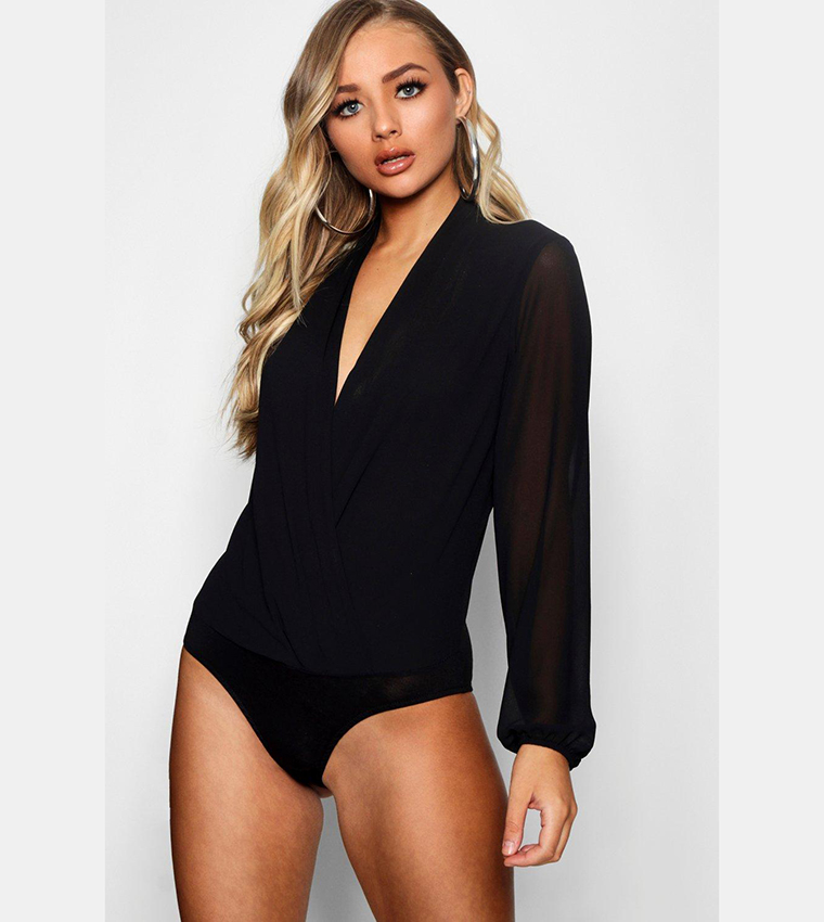 Buy Boohoo Drape Chiffon Long Sleeves Bodysuit Top In Camel