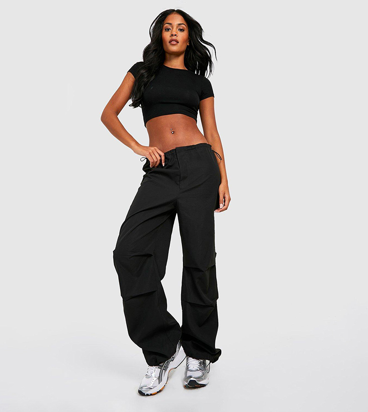 Buy Boohoo Tall Low Rise Elasticated Waist Parachute Cargo Trousers In  Black