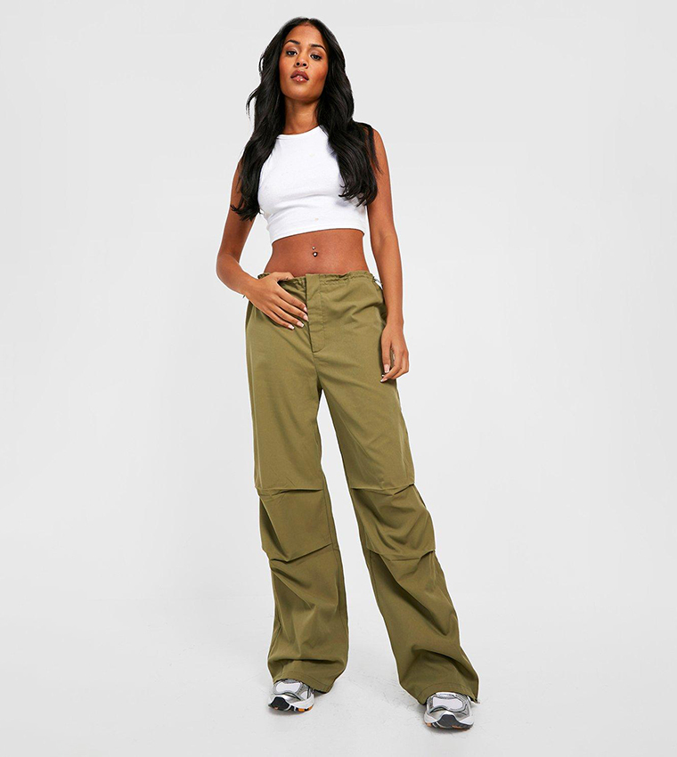 Buy Boohoo Tall Low Rise Elasticated Waist Parachute Cargo Trousers In Khaki