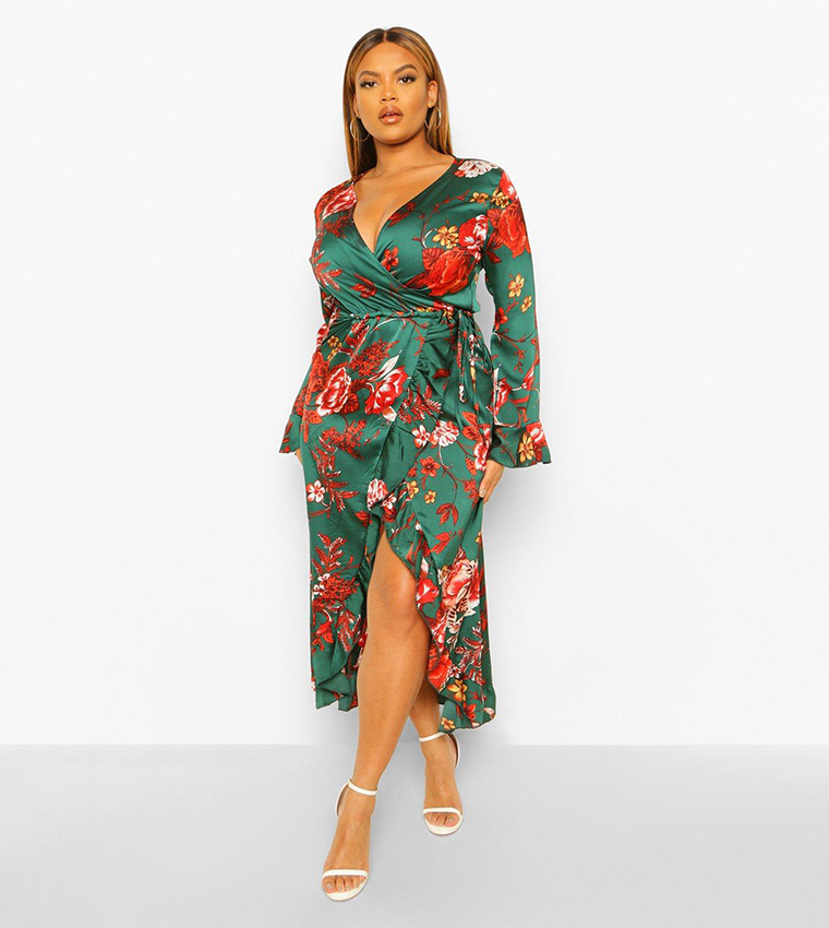 Buy Boohoo Floral Ruffle Wrap Dress In Green 6thStreet UAE