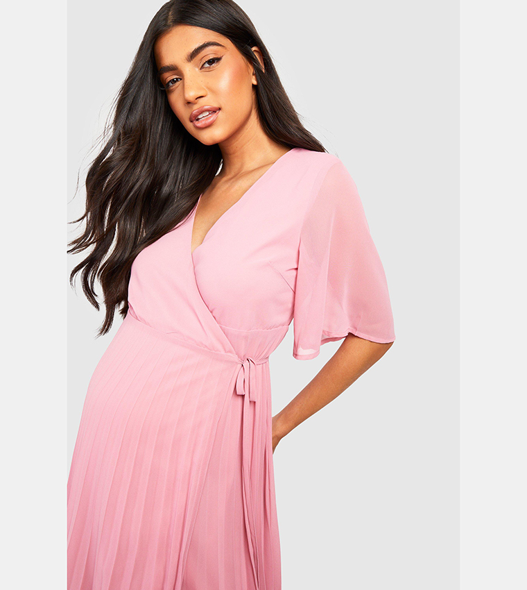 Buy Boohoo Maternity Pleated Wrap Midi Skater Dress In Blush