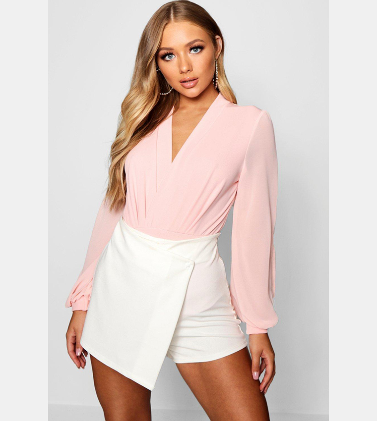 Wrap Chiffon Sleeves Bodysuit Top