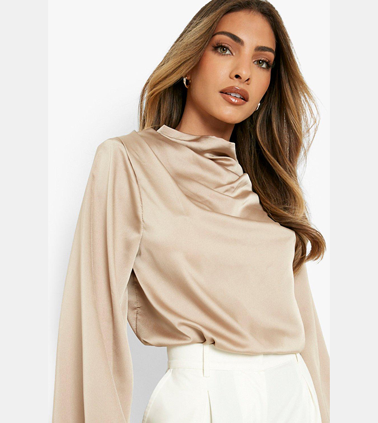 Buy Boohoo Satin Draped Neck Volume Sleeves Top In STONE 6thStreet Kuwait