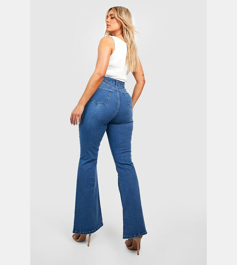 Buy Boohoo High Waist Bum Shaper Flared Jeans In Blue