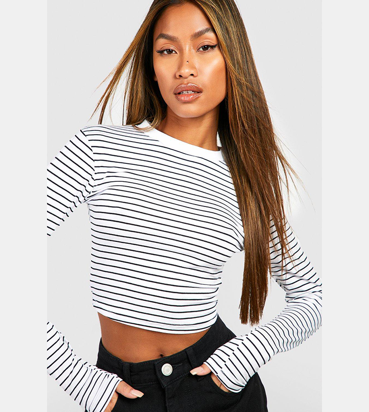 Buy Boohoo Long Sleeves Stripe Crop Top In White 6thStreet UAE